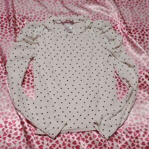 Aqua White Long Sleeve Kids Tee with Black Heart Polka Dots Ruffled Sleeves.